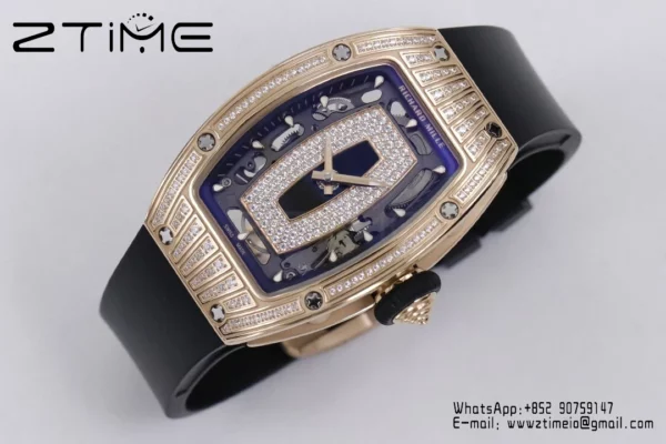 Richard Mille RM07 RM07-01 RG Ladies  ZF 1:1 Best Edition Black Diamonds  Dial on Black  Rubber Strap - Super Clone Watch | 1:1 Best Version