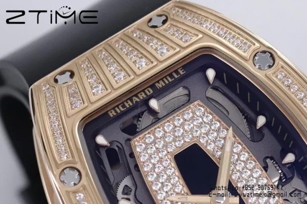 Richard Mille RM07 RM07-01 RG Ladies  ZF 1:1 Best Edition Black Diamonds  Dial on Black  Rubber Strap - Super Clone Watch | 1:1 Best Version