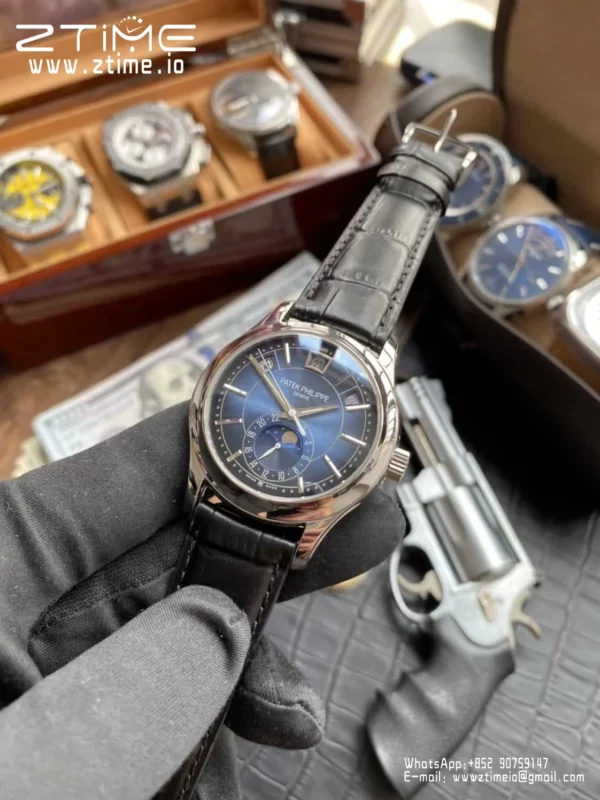 Patek Philippe Annual Calendar 5205G-010  40mm SS GRF 1:1 Best Edition Blue Dial on Black Leather Strap A324 V2 - Super Clone Watch | 1:1 Best Version
