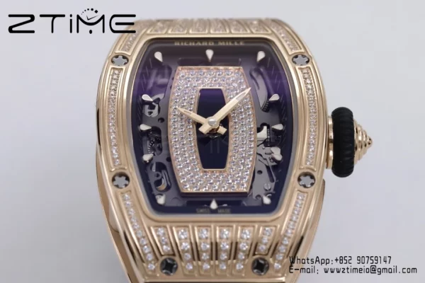 Richard Mille RM07 RM07-01 RG Ladies  ZF 1:1 Best Edition Black Diamonds  Dial on Black  Rubber Strap - Super Clone Watch | 1:1 Best Version