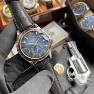 Patek Philippe Annual Calendar 5205G-010  40mm SS GRF 1:1 Best Edition Blue Dial on Black Leather Strap A324 V2 - Super Clone Watch | 1:1 Best Version