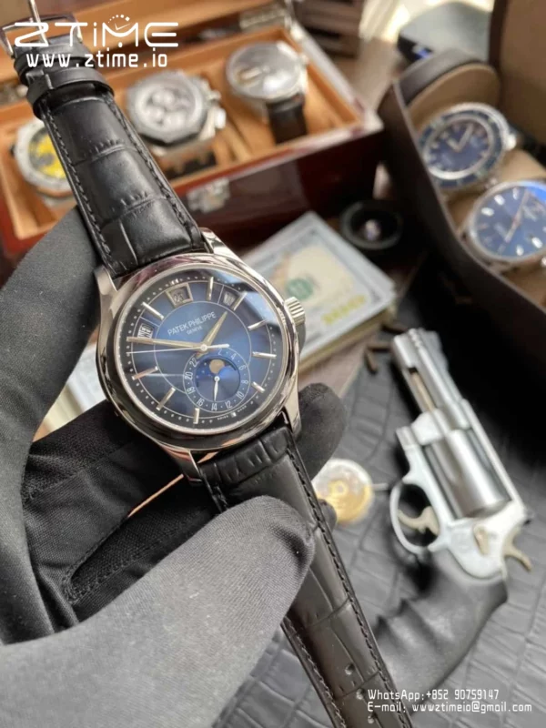 Patek Philippe Annual Calendar 5205G-010  40mm SS GRF 1:1 Best Edition Blue Dial on Black Leather Strap A324 V2 - Super Clone Watch | 1:1 Best Version