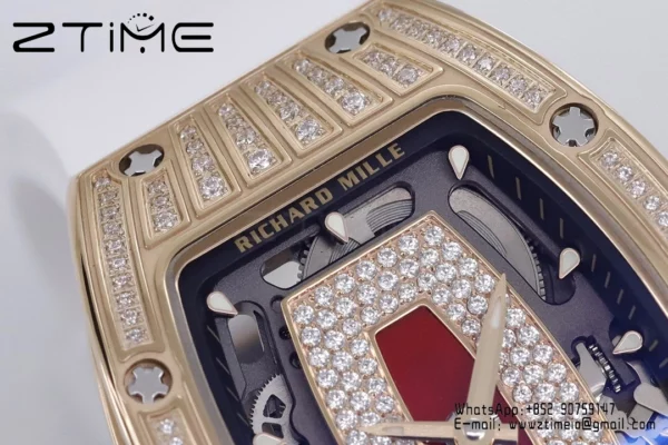 Richard Mille RM07 RM07-01 RG Ladies  ZF 1:1 Best Edition Red Diamonds  Dial on White Rubber Strap - Super Clone Watch | 1:1 Best Version