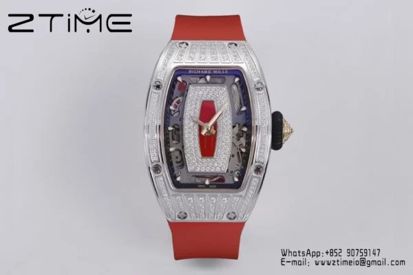 Richard Mille RM07 RM07-01 Ladies  ZF 1:1 Best Edition Red Diamonds  Dial on Red Rubber Strap - Super Clone Watch | 1:1 Best Version