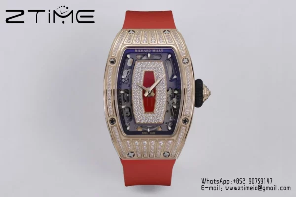 Richard Mille RM07 RM07-01 RG Ladies  ZF 1:1 Best Edition Red Diamonds  Dial on Red Rubber Strap - Super Clone Watch | 1:1 Best Version