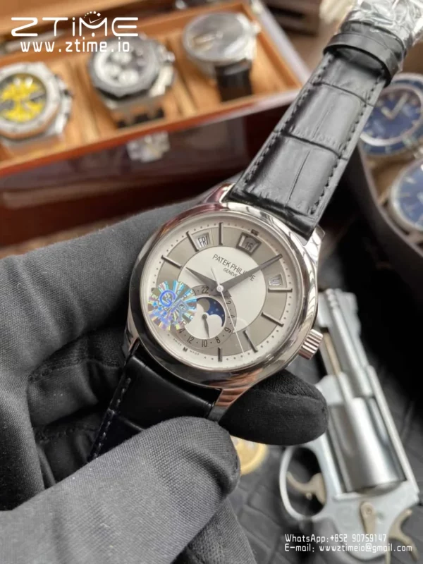 Patek Philippe Annual Calendar 5205G-010  40mm SS GRF 1:1 Best Edition White Dial on Black Leather Strap A324 V2 - Super Clone Watch | 1:1 Best Version