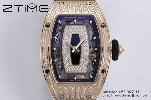 Richard Mille RM07 RM07-01 RG Ladies  ZF 1:1 Best Edition Black Diamonds  Dial on Black  Rubber Strap - Super Clone Watch | 1:1 Best Version
