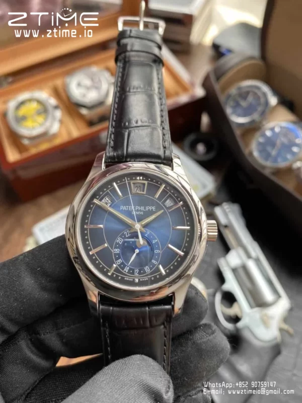 Patek Philippe Annual Calendar 5205G-010  40mm SS GRF 1:1 Best Edition Blue Dial on Black Leather Strap A324 V2 - Super Clone Watch | 1:1 Best Version