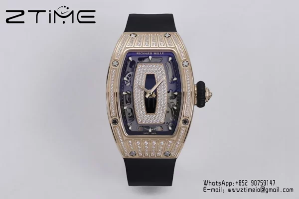 Richard Mille RM07 RM07-01 RG Ladies  ZF 1:1 Best Edition Black Diamonds  Dial on Black  Rubber Strap - Super Clone Watch | 1:1 Best Version