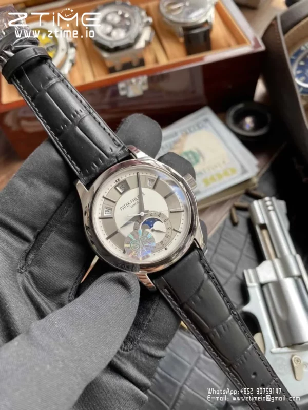 Patek Philippe Annual Calendar 5205G-010  40mm SS GRF 1:1 Best Edition White Dial on Black Leather Strap A324 V2 - Super Clone Watch | 1:1 Best Version