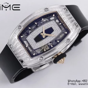 Richard Mille RM07 RM07-01 Ladies ZF 1:1 Mejor Edición Esfera de diamantes negros con correa de caucho blanco - Reloj Super Clon | 1:1 Mejor Versión
