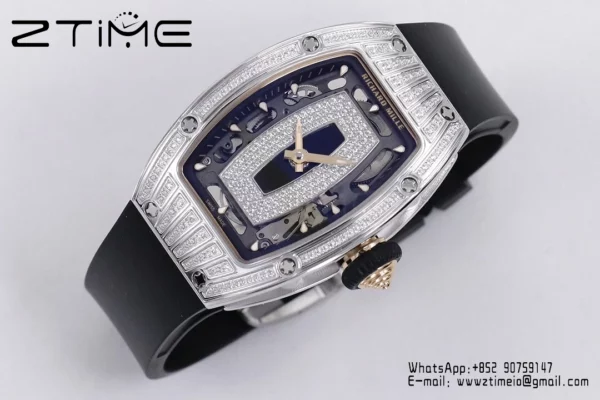 Richard Mille RM07 RM07-01 Ladies ZF 1:1 Mejor Edición Esfera de diamantes negros con correa de caucho blanco - Reloj Super Clon | 1:1 Mejor Versión