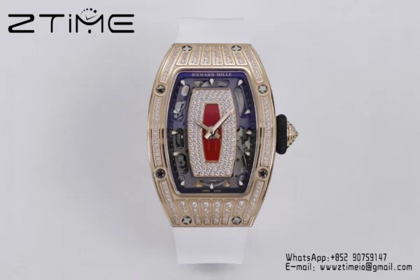 Richard Mille RM07 RM07-01 RG Ladies  ZF 1:1 Best Edition Red Diamonds  Dial on White Rubber Strap - Super Clone Watch | 1:1 Best Version