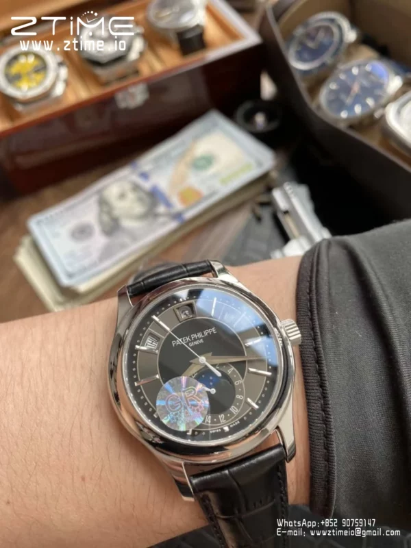 Patek Philippe Annual Calendar 5205G-010  40mm SS GRF 1:1 Best Edition Grey Dial on Black Leather Strap A324 V2 - Super Clone Watch | 1:1 Best Version