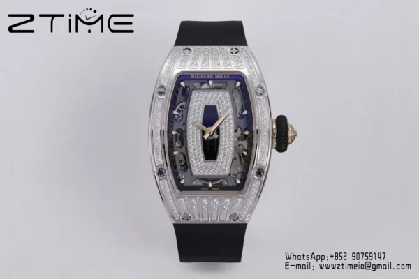 Richard Mille RM07 RM07-01 Ladies ZF 1:1 Mejor Edición Esfera de diamantes negros con correa de caucho blanco - Reloj Super Clon | 1:1 Mejor Versión
