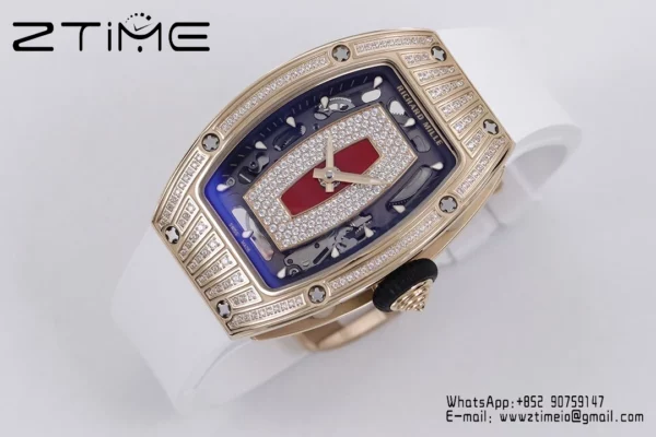 Richard Mille RM07 RM07-01 RG Ladies  ZF 1:1 Best Edition Red Diamonds  Dial on White Rubber Strap - Super Clone Watch | 1:1 Best Version