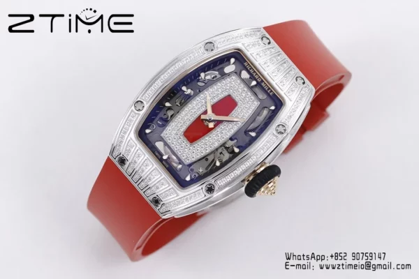 Richard Mille RM07 RM07-01 Ladies  ZF 1:1 Best Edition Red Diamonds  Dial on Red Rubber Strap - Super Clone Watch | 1:1 Best Version