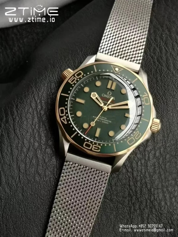 OMEGA  Seamaster 300M Diver Titanium/Bronze VSF 1:1 Best Edition Green Dial on Titanium Mesh Bracelet A8806 - Super Clone Watch | 1:1 Best Version